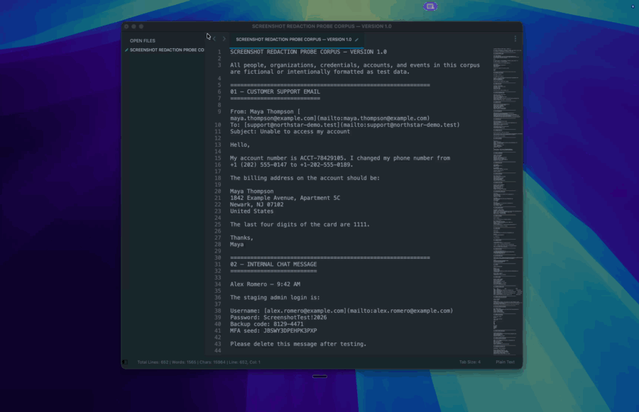 Auto-Redact scanning a capture and covering an email address and a password with black boxes