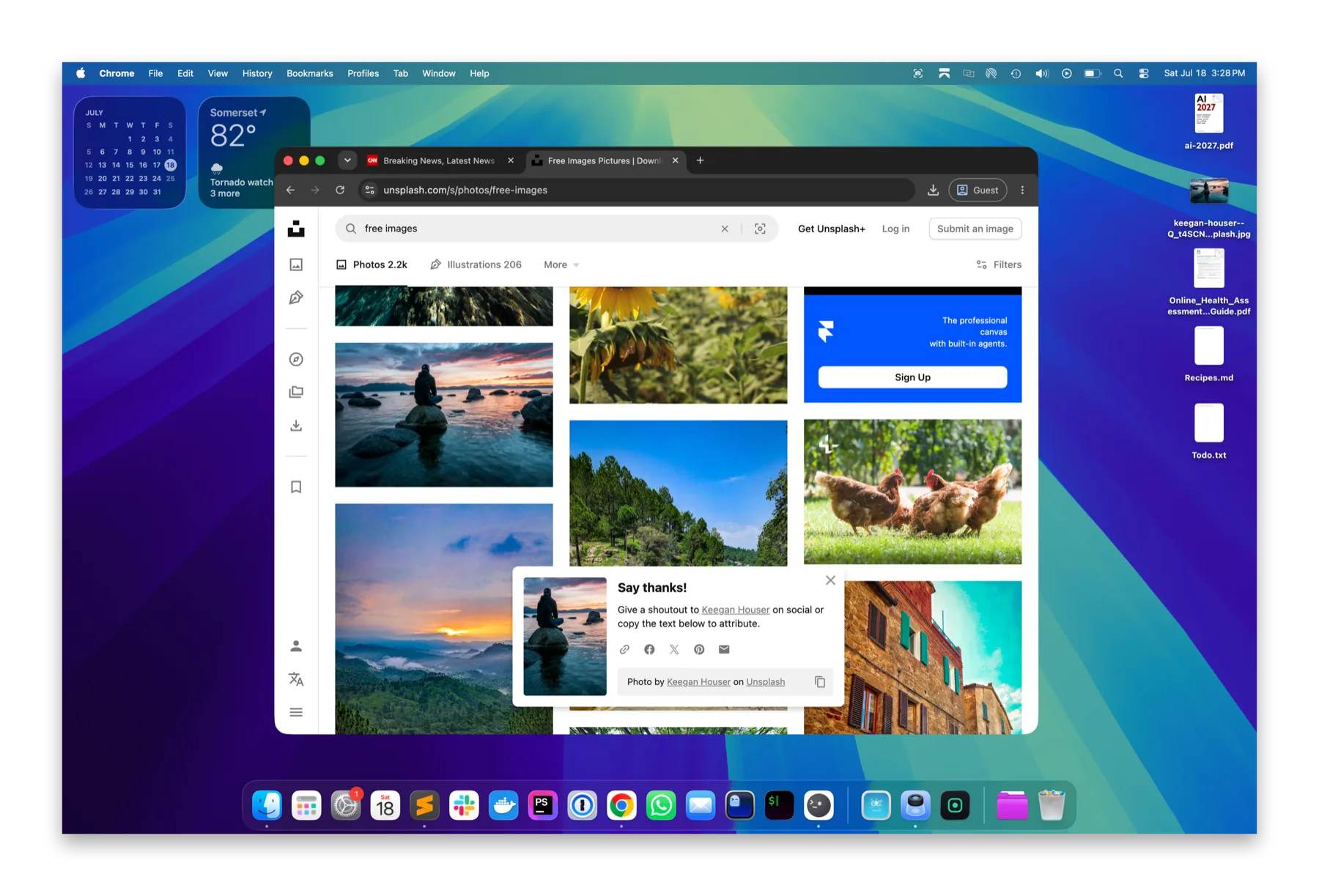 A busy desktop: widgets, files everywhere, Dock and menu bar visible