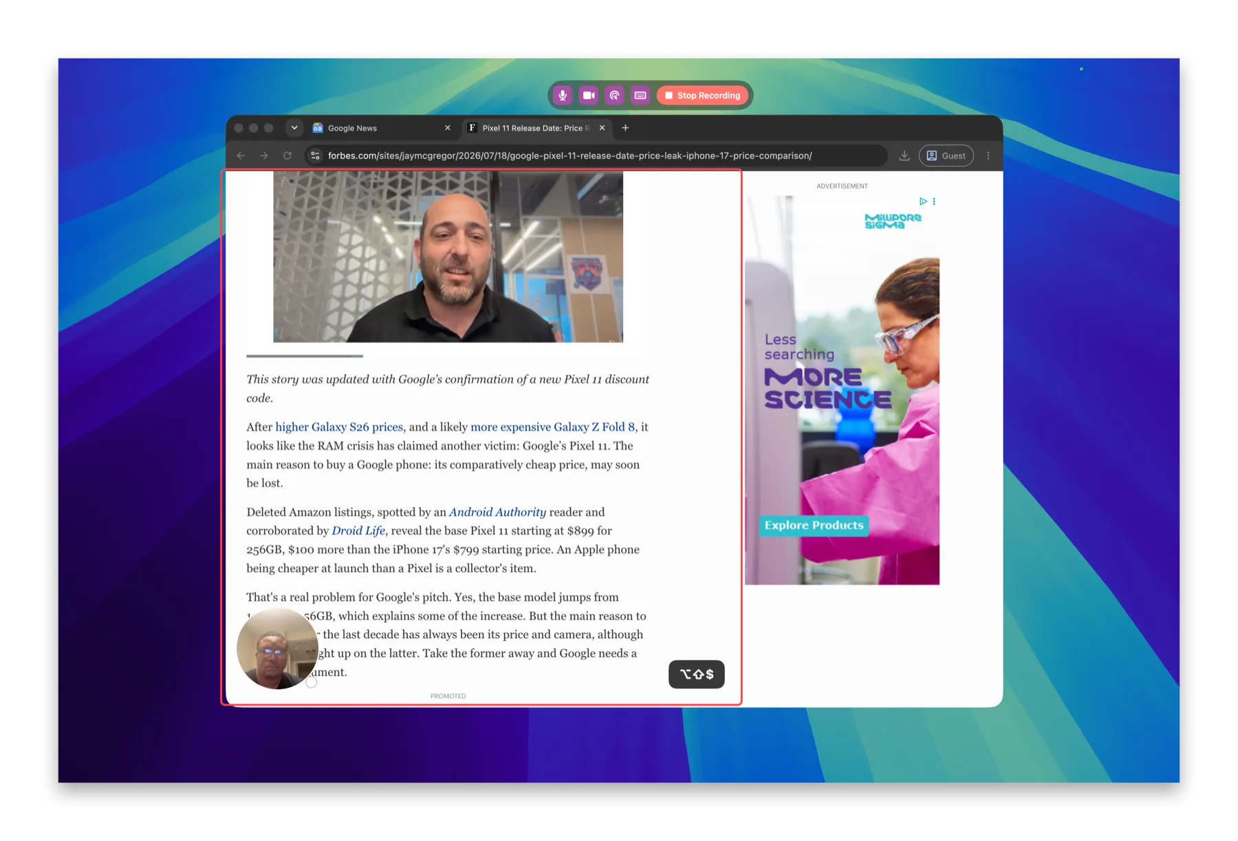 A Shotcrisp screen recording in progress with the webcam bubble and on-screen keystroke display